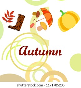 mushrooms pumpkin fallen leaves umbrella rubber boots autumnal vector background