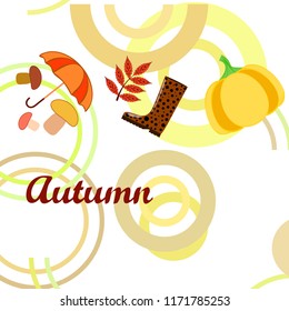 mushrooms pumpkin fallen leaves umbrella rubber boots autumnal vector background