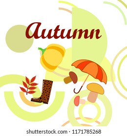 mushrooms pumpkin fallen leaves umbrella rubber boots autumnal vector background
