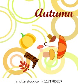 mushrooms pumpkin fallen leaves umbrella rubber boots autumnal vector background