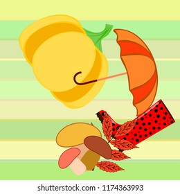 mushrooms pumpkin fallen leaves umbrella rubber boots autumnal vector background