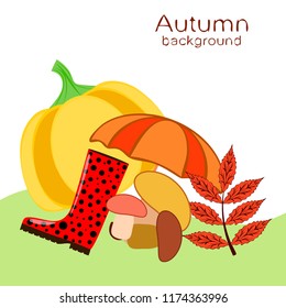 mushrooms pumpkin fallen leaves umbrella rubber boots autumnal vector background
