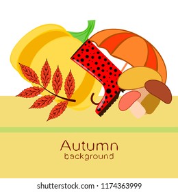 mushrooms pumpkin fallen leaves umbrella rubber boots autumnal vector background