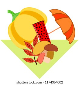 mushrooms pumpkin fallen leaves umbrella rubber boots autumnal vector background