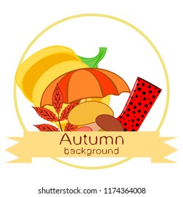 mushrooms pumpkin fallen leaves umbrella rubber boots autumnal vector background