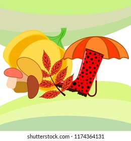 mushrooms pumpkin fallen leaves umbrella rubber boots autumnal vector background