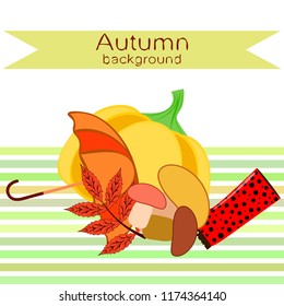 mushrooms pumpkin fallen leaves umbrella rubber boots autumnal vector background