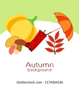 mushrooms pumpkin fallen leaves umbrella rubber boots autumnal vector background