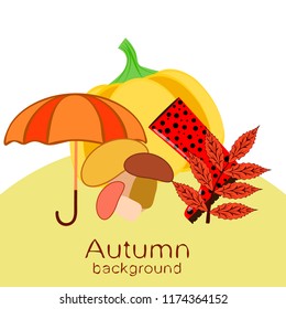 mushrooms pumpkin fallen leaves umbrella rubber boots autumnal vector background