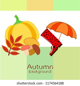 mushrooms pumpkin fallen leaves umbrella rubber boots autumnal vector background