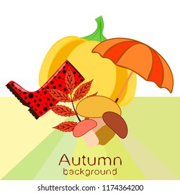 mushrooms pumpkin fallen leaves umbrella rubber boots autumnal vector background