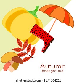 mushrooms pumpkin fallen leaves umbrella rubber boots autumnal vector background