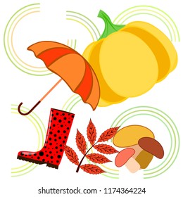 mushrooms pumpkin fallen leaves umbrella rubber boots autumnal vector background