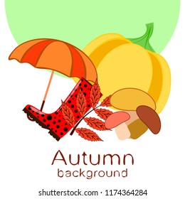 mushrooms pumpkin fallen leaves umbrella rubber boots autumnal vector background