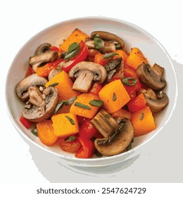 Sautéed mushrooms with pumpkin and sweet pepper.