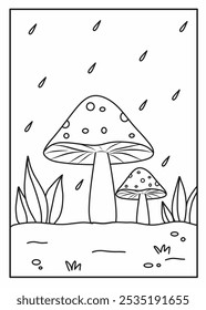 Mushrooms with rain background coloring page for kids, Mushroom cartoon black and white, Mushroom outline, thanksgiving activity for kids 