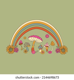 Mushrooms, Rainbows And Flowers. Hippie Design Concept. Vintage Style. Hand-drawn Flat Vector Illustration.