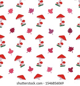 A mushrooms with red hat with leaves seamless pattern on white background. A fly agaric on the grass pattern, vector image. For or Wallpaper, fabric, web, poster, postcard, cover.
