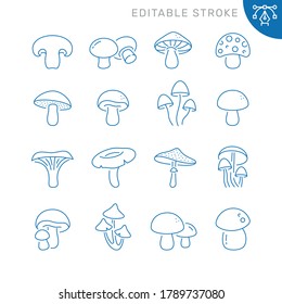 Mushrooms related icons. Editable stroke. Thin vector icon set