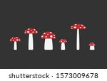Mushrooms in row. Cartoon style poisonous fly agaric mushroom. Simple shape logo icon. different size toadstool. Vector illustration image isolated on black background.
