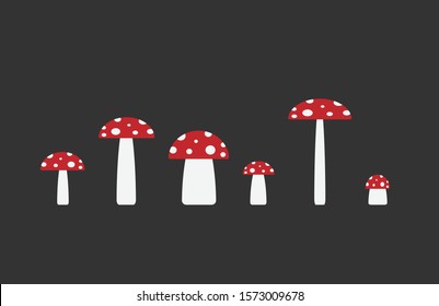 Mushrooms in row. Cartoon style poisonous fly agaric mushroom. Simple shape logo icon. different size toadstool. Vector illustration image isolated on black background.