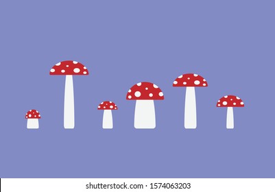 Mushrooms in row. Cartoon style poisonous fly agaric mushroom icon. Simple shape logo sign. Different size toadstool. Vector illustration image isolated on purple background.