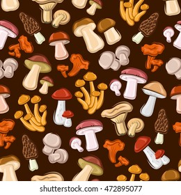 Mushrooms seamless background. Wallpaper with vector pattern of forest edible mushroom icons morel, champignon, porcini, cep, chanterelle, honey agaric, milk mushroom, lactarius, boletus