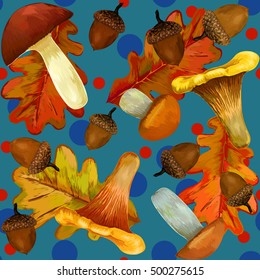 Mushrooms seamless background. Wallpaper with vector pattern of forest edible mushroom, chanterelle, honey agaric, lactarius, boletus.  Acorns and Oak Leaves Pattern. Vectorl illustration  of acorns. 