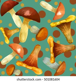 Mushrooms seamless background. Wallpaper with vector pattern of forest edible mushroom, chanterelle, honey agaric, lactarius, boletus. Pattern. Vectorl illustration.