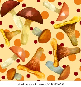 Mushrooms seamless background. Wallpaper with vector pattern of forest edible mushroom, chanterelle, honey agaric, lactarius, boletus. Pattern. Vectorl illustration.