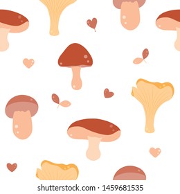 Mushrooms seamless pattern. Autumn elements on white background. Drawing for menu, catalog, restaurant, cartoon, game, kitchen. Vector illustration