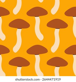 Mushrooms seamless pattern. Autumn isolated mushrooms on yellow background. Square repeat pattern flat design for fall season.