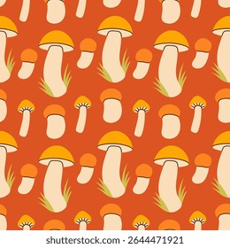 Mushrooms seamless pattern. Autumn isolated mushrooms on red background. Square repeat pattern flat design for fall season.