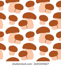 Mushrooms seamless pattern. Autumn isolated mushrooms on white background. Square repeat pattern flat design for fall season.