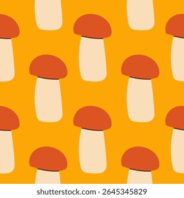 Mushrooms seamless pattern. Autumn isolated mushrooms on yellow background. Square repeat pattern flat design for fall season.