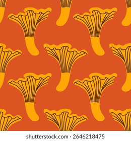 Mushrooms seamless pattern. Autumn isolated mushrooms on red background. Square repeat pattern flat design for fall season.