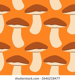 Mushrooms seamless pattern. Autumn isolated mushrooms on orange background. Square repeat pattern flat design for fall season.