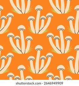 Mushrooms seamless pattern. Autumn isolated mushrooms on orange background. Square repeat pattern flat design for fall season.