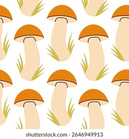 Mushrooms seamless pattern. Autumn isolated mushrooms on white background. Square repeat pattern flat design for fall season.