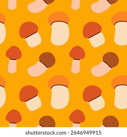 Mushrooms seamless pattern. Autumn isolated mushrooms on yellow background. Square repeat pattern flat design for fall season.
