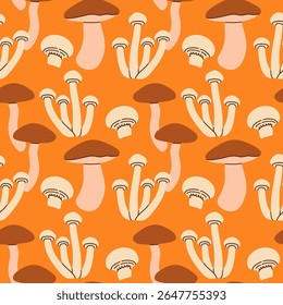 Mushrooms seamless pattern. Autumn isolated mushrooms on orange background. Square repeat pattern flat design for fall season.