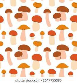 Mushrooms seamless pattern. Autumn isolated mushrooms on white background. Square repeat pattern flat design for fall season.