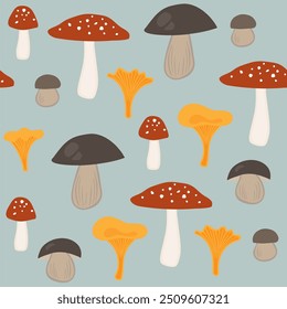 Mushrooms seamless pattern, autumn themed background.