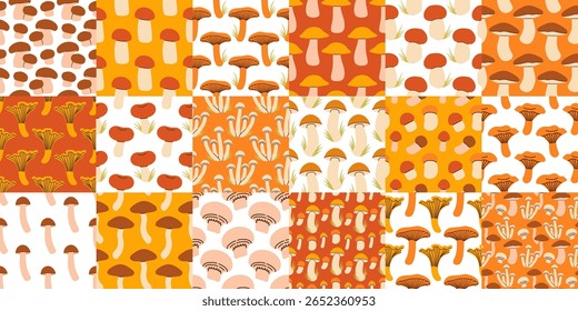 Mushrooms seamless pattern big set. Autumn mushrooms on isolated background. Square repeat pattern flat design for fall season.
