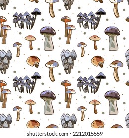 Mushrooms seamless pattern. Cartoon style. Template for design backgrounds, textile, wrapping paper, package.