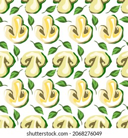Mushrooms seamless pattern: champignon and liaves. Vector illustration in cartoon style