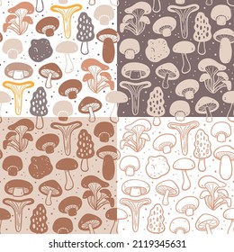 Mushrooms seamless pattern collection. Food ingredients for cooking illustration. Colorful, monochrome silhouettes and doodle style. Vector illustration.