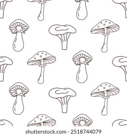 Mushrooms Seamless Pattern Cozy Autumn Hand Drawn Doodle Sketch Fungi Background. Fall Design Fabric Print Vector Illustration Vintage Retro Style