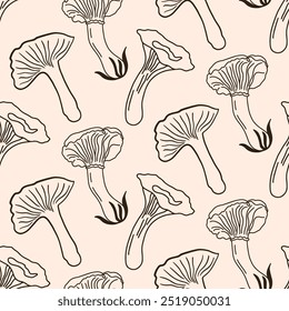 Mushrooms Seamless Pattern Cozy Autumn Hand Drawn Doodle Sketch Fungi Background. Fall Design Fabric Print Vector Illustration Vintage Retro Style