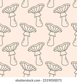 Mushrooms Seamless Pattern Cozy Autumn Hand Drawn Doodle Sketch Fungi Background. Fall Design Fabric Print Vector Illustration Vintage Retro Style